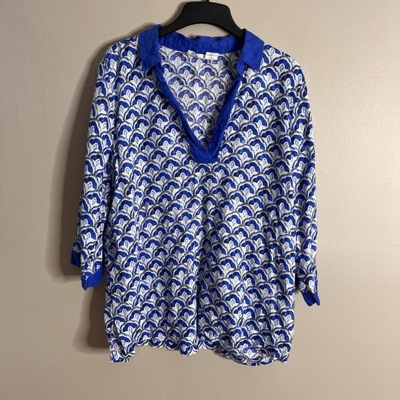 Sigrid Olsen Size XL Linen Blue Collared Scalloped Tunic Blouse Top - Picture 1 of 6